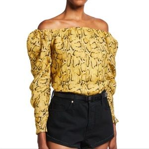 FRAME Off-The-Shoulder Billow Blouse Snake Blouse Top Size Medium Yellow